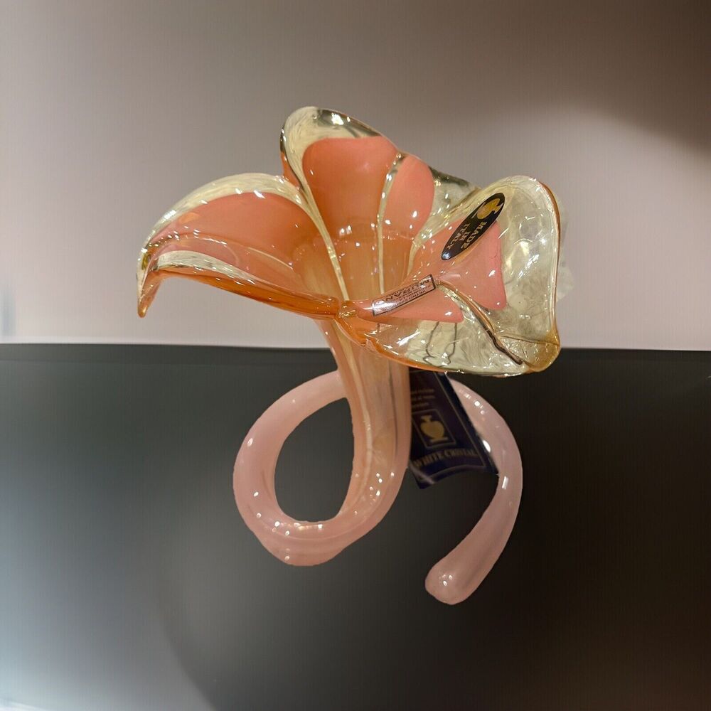 New With Tags Pink Murano Italy Art Glass Handblown Lily Flower Vase 8” Tall LG - Picture 8 of 14